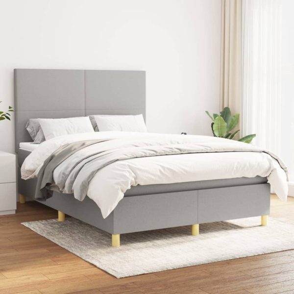 Pat box spring cu saltea, gri deschis, 140×190 cm, textil