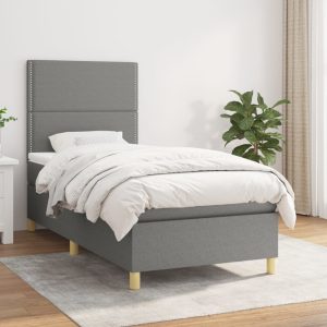 Pat box spring cu saltea, gri închis, 90×190 cm, textil