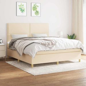 Pat box spring cu saltea, crem, 160×200 cm, material textil