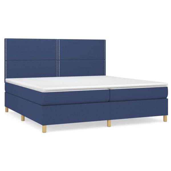 Pat box spring cu saltea, albastru, 200×200 cm, textil