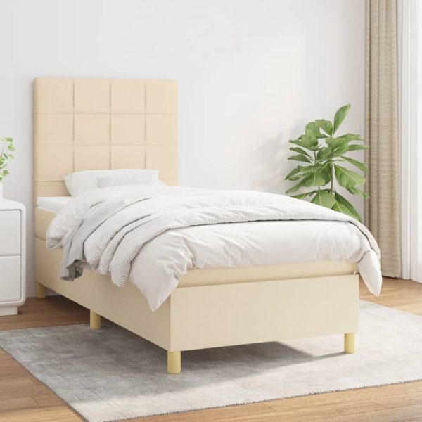 Pat box spring cu saltea, crem, 90×190 cm, textil