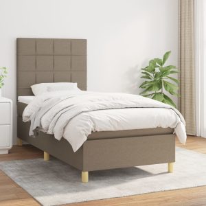 Pat box spring cu saltea, gri taupe, 90×200 cm, textil