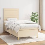 Pat box spring cu saltea, crem, 90×190 cm, textil