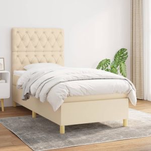 Pat box spring cu saltea, crem, 80×200 cm, textil