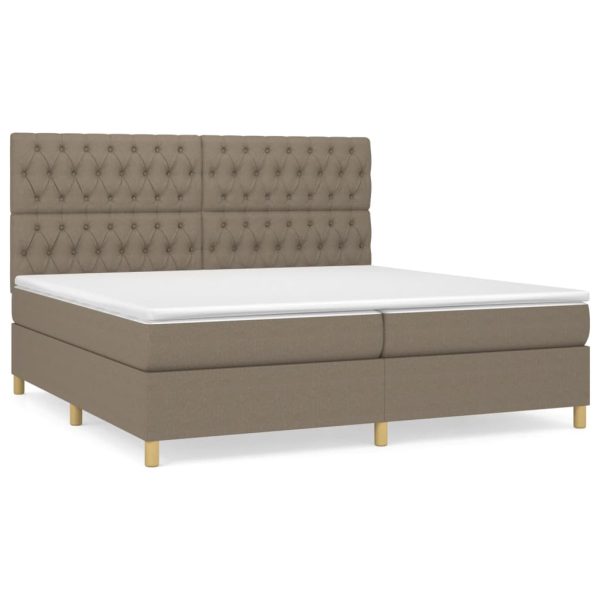 Pat box spring cu saltea, gri taupe, 200×200 cm, textil