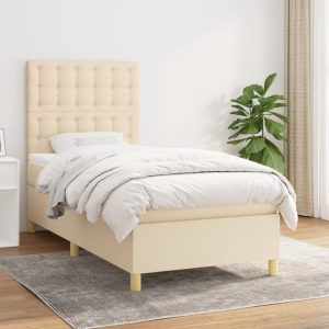 Pat box spring cu saltea, crem, 90×200 cm, textil