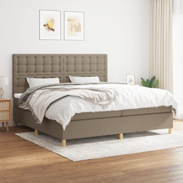 Pat box spring cu saltea, gri taupe, 200×200 cm, textil