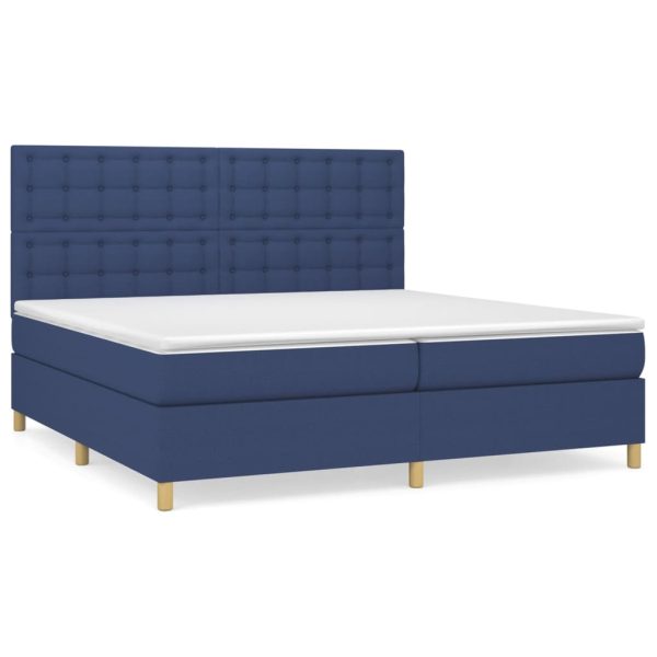Pat box spring cu saltea, albastru, 200×200 cm, textil