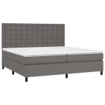 Pat box spring cu saltea, gri, 200×200 cm, piele ecologică