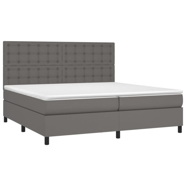 Pat box spring cu saltea, gri, 200×200 cm, piele ecologică