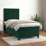 Pat box spring cu saltea, verde închis, 90×200 cm, catifea