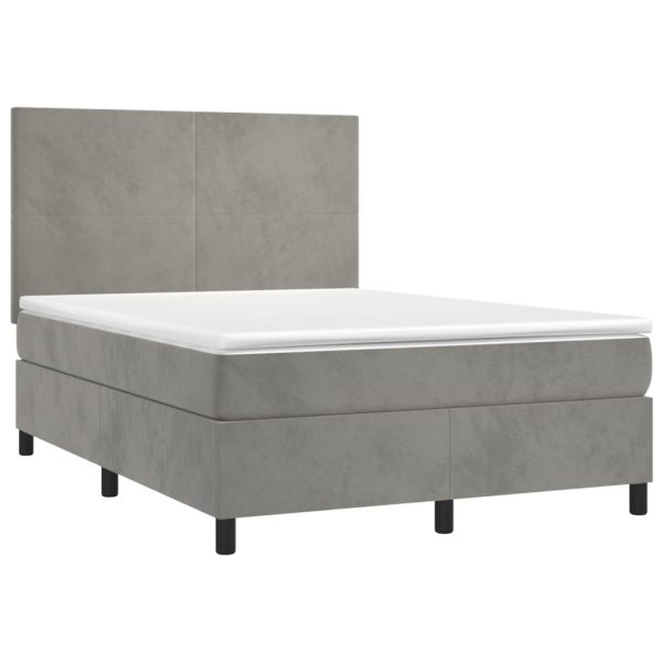 Pat box spring cu saltea, gri deschis, 140×190 cm, catifea