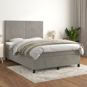 Pat box spring cu saltea, gri deschis, 140×190 cm, catifea