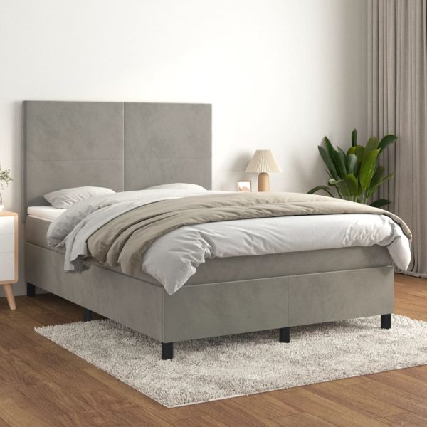Pat box spring cu saltea, gri deschis, 140×190 cm, catifea