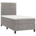 Pat box spring cu saltea, gri deschis, 80×200 cm, catifea