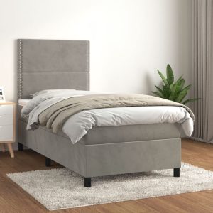 Pat box spring cu saltea, gri deschis, 80×200 cm, catifea