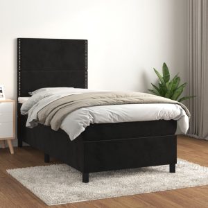 Pat box spring cu saltea, negru, 90×200 cm, catifea
