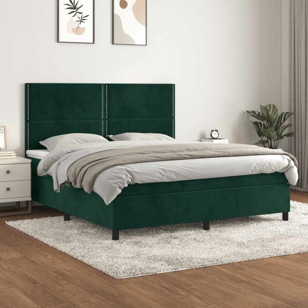 Pat box spring cu saltea, verde închis, 160×200 cm, catifea