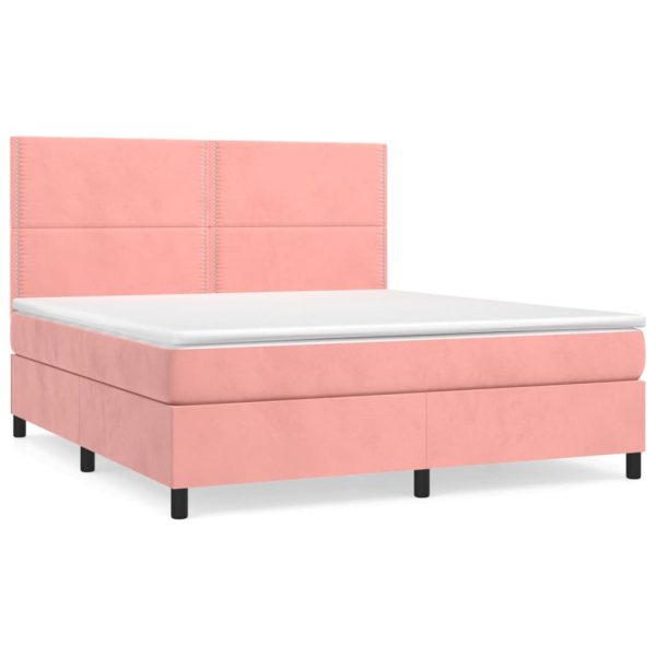 Pat box spring cu saltea, roz, 160×200 cm, catifea