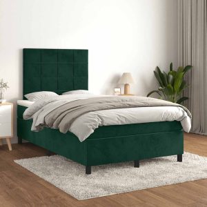 Pat box spring cu saltea, verde închis, 120×200 cm, catifea