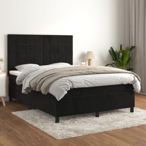 Pat box spring cu saltea, negru, 140×190 cm, catifea