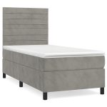 Pat box spring cu saltea, gri deschis, 90×200 cm, catifea