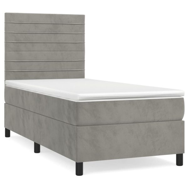 Pat box spring cu saltea, gri deschis, 90×200 cm, catifea