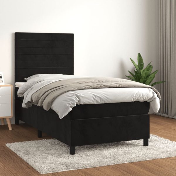 Pat box spring cu saltea, negru, 90×200 cm, catifea