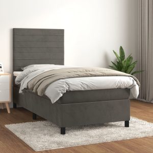 Pat box spring cu saltea, gri închis, 100×200 cm, catifea