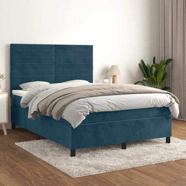 Pat box spring cu saltea, albastru închis, 140×200 cm, catifea