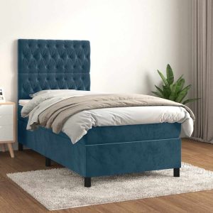 Pat box spring cu saltea, albastru închis, 100×200 cm, catifea