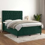 Pat box spring cu saltea, verde închis, 140×200 cm, catifea