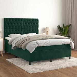 Pat box spring cu saltea, verde închis, 140×200 cm, catifea