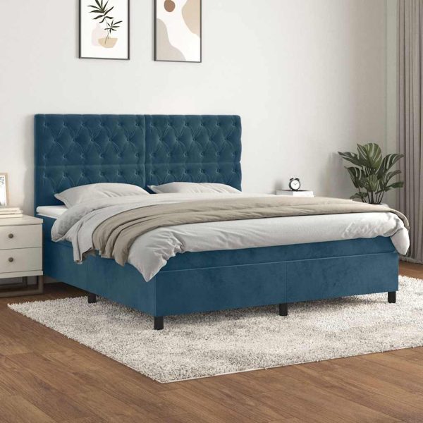 Pat box spring cu saltea, albastru închis, 160×200 cm, catifea