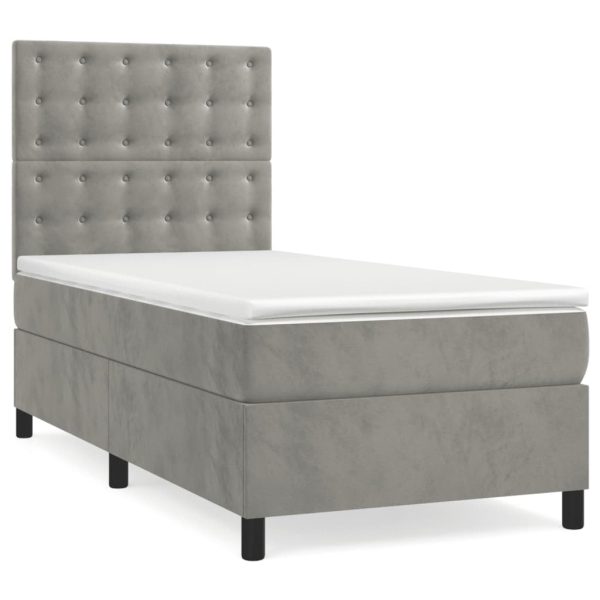 Pat box spring cu saltea, gri deschis, 90×200 cm, catifea