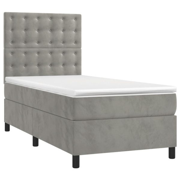 Pat box spring cu saltea, gri deschis, 90×200 cm, catifea