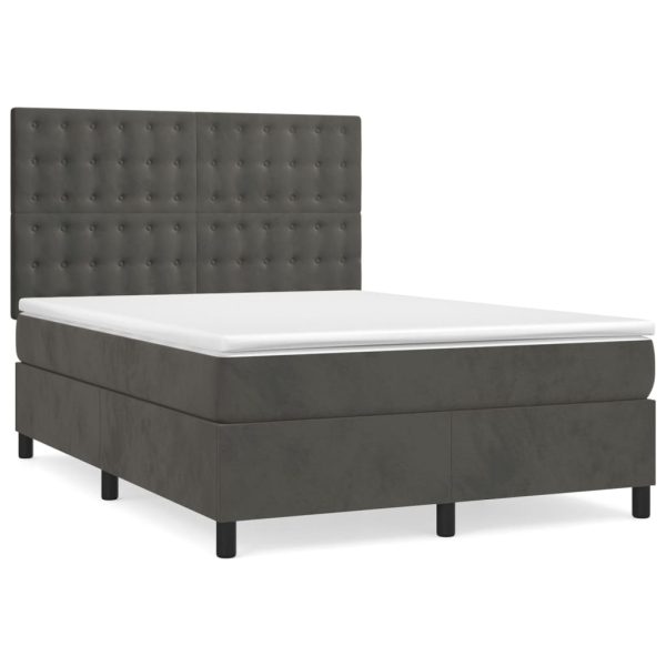 Pat box spring cu saltea, gri închis, 140×190 cm, catifea