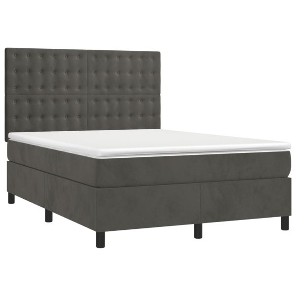 Pat box spring cu saltea, gri închis, 140×190 cm, catifea