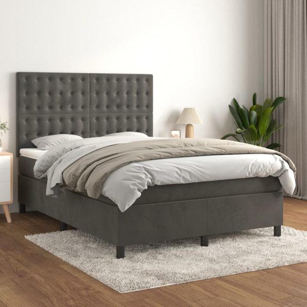 Pat box spring cu saltea, gri închis, 140×190 cm, catifea