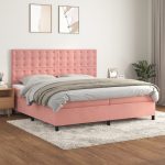 Pat box spring cu saltea, roz, 200×200 cm, catifea