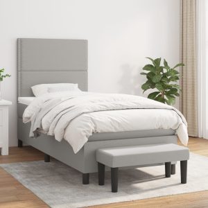 Pat box spring cu saltea, gri deschis, 80×200 cm, textil