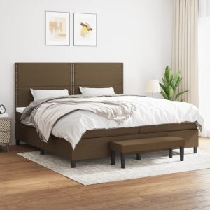 Pat box spring cu saltea, maro închis, 200×200 cm, textil