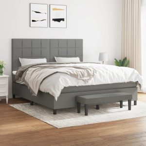Pat box spring cu saltea, gri închis, 180×200 cm, textil