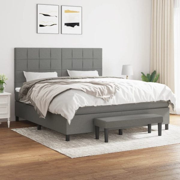 Pat box spring cu saltea, gri închis, 180×200 cm, textil