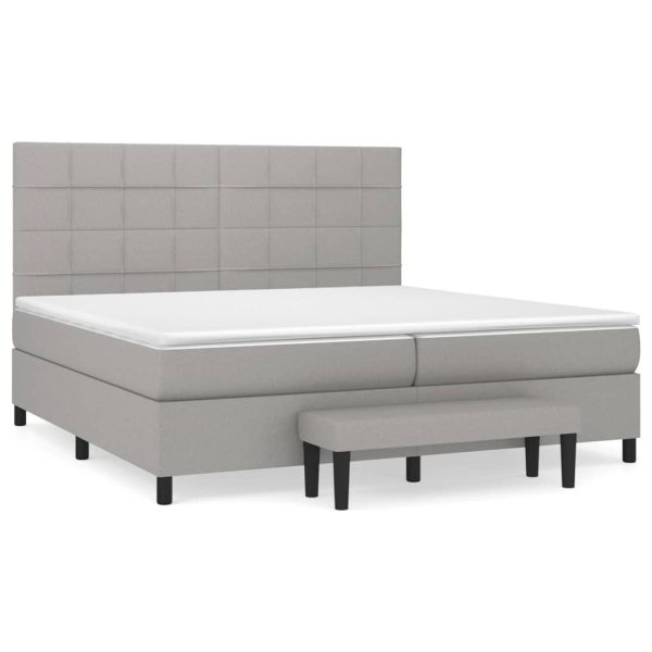 Pat box spring cu saltea, gri deschis, 200×200 cm, textil