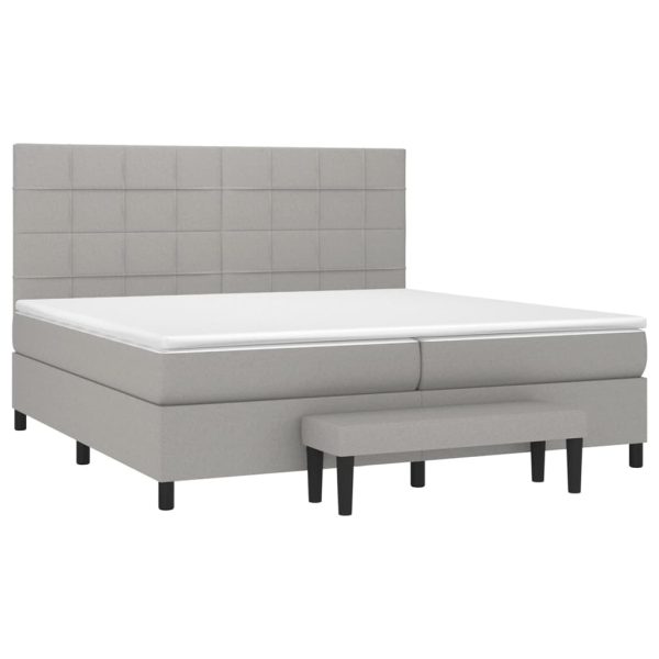 Pat box spring cu saltea, gri deschis, 200×200 cm, textil