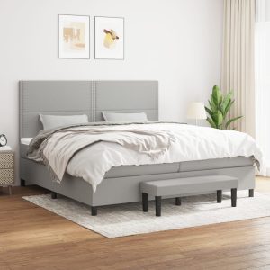 Pat box spring cu saltea, gri deschis, 200×200 cm, textil