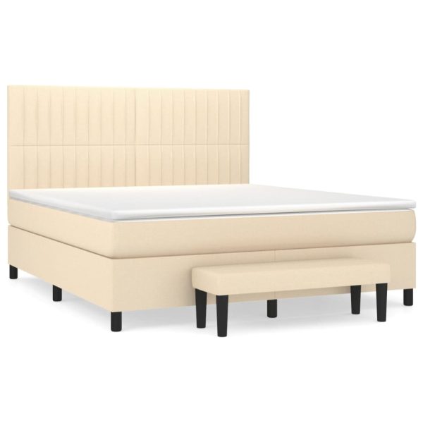 Pat box spring cu saltea, crem, 160×200 cm, material textil