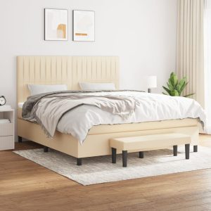 Pat box spring cu saltea, crem, 160×200 cm, material textil