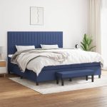Pat box spring cu saltea, albastru, 200×200 cm, textil